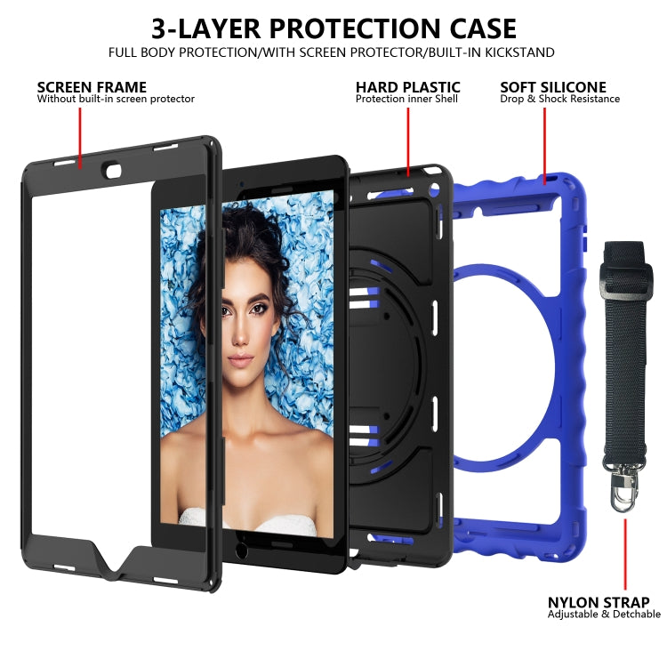 For iPad 10.2 360 Degree Rotating Case with Pencil Holder, Kickstand Shockproof Heavy Duty with Shoulder Strap,Hand Strap(Blue) by bashfashion