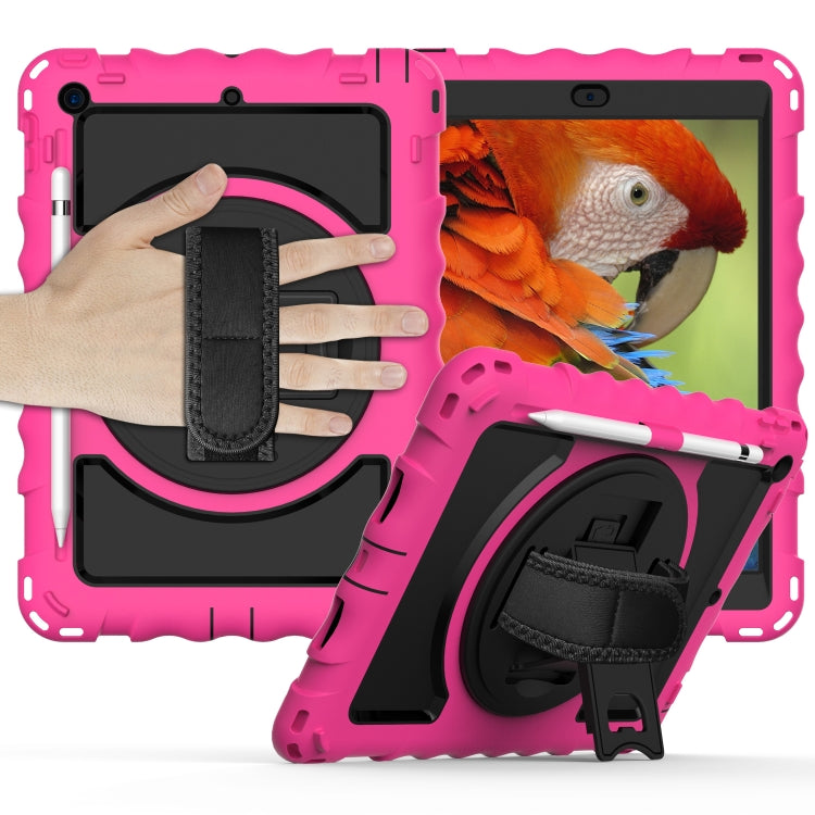 For iPad 10.2 360 Degree Rotating Case with Pencil Holder, Kickstand Shockproof Heavy Duty with Shoulder Strap,Hand Strap(Hot Pink) by bashfashion