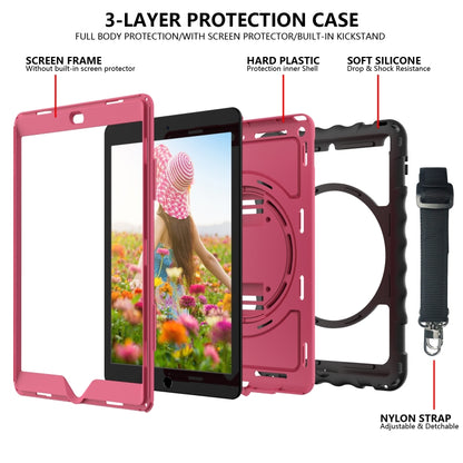 For iPad 10.2 360 Degree Rotating Case with Pencil Holder, Kickstand Shockproof Heavy Duty with Shoulder Strap,Hand Strap(Hot Pink) by bashfashion