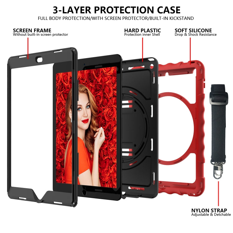 For iPad 10.2 360 Degree Rotating Case with Pencil Holder, Kickstand Shockproof Heavy Duty with Shoulder Strap,Hand Strap(Red) by bashfashion
