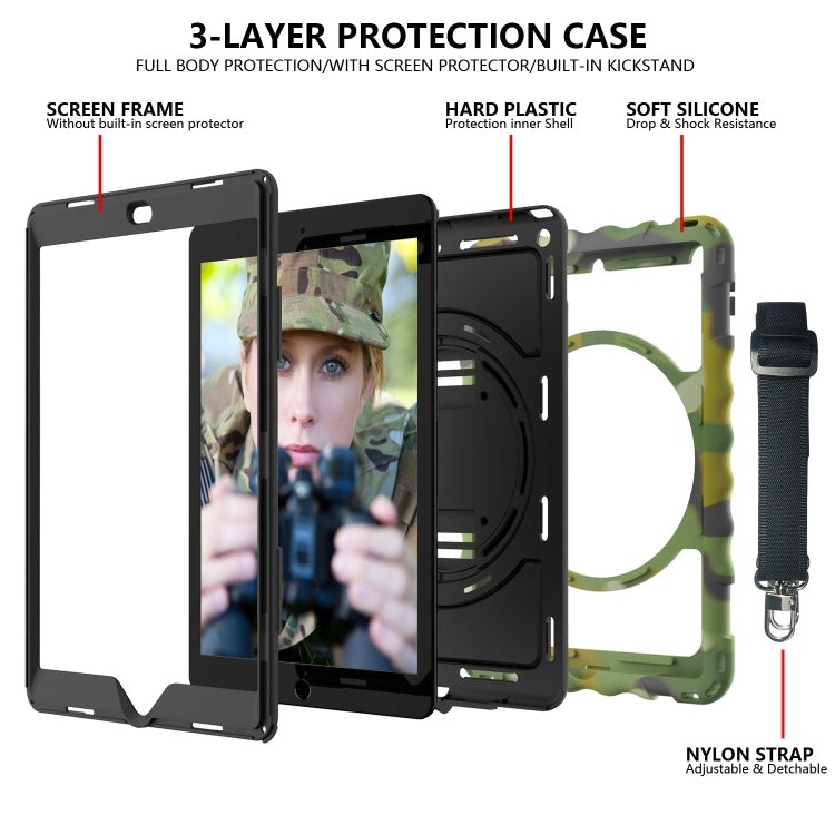 For iPad 10.2 360 Degree Rotating Case with Pencil Holder, Kickstand Shockproof Heavy Duty with Shoulder Strap,Hand Strap(Camouflage) by bashfashion