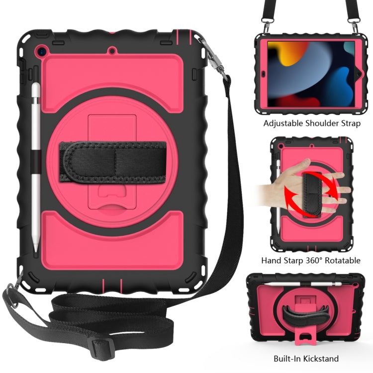 For iPad 10.2 360 Degree Rotating Case with Pencil Holder, Kickstand Shockproof Heavy Duty with Shoulder Strap,Hand Strap(Black+Hot Pink) by bashfashion