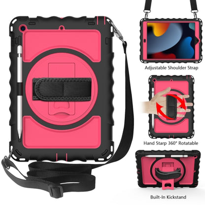 For iPad 10.2 360 Degree Rotating Case with Pencil Holder, Kickstand Shockproof Heavy Duty with Shoulder Strap,Hand Strap(Black+Hot Pink) by bashfashion