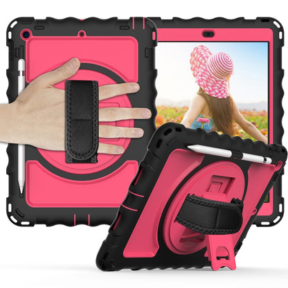 For iPad 10.2 360 Degree Rotating Case with Pencil Holder, Kickstand Shockproof Heavy Duty with Shoulder Strap,Hand Strap(Black+Hot Pink) by bashfashion