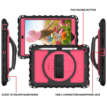 For iPad 10.2 360 Degree Rotating Case with Pencil Holder, Kickstand Shockproof Heavy Duty with Shoulder Strap,Hand Strap(Black+Hot Pink) by bashfashion