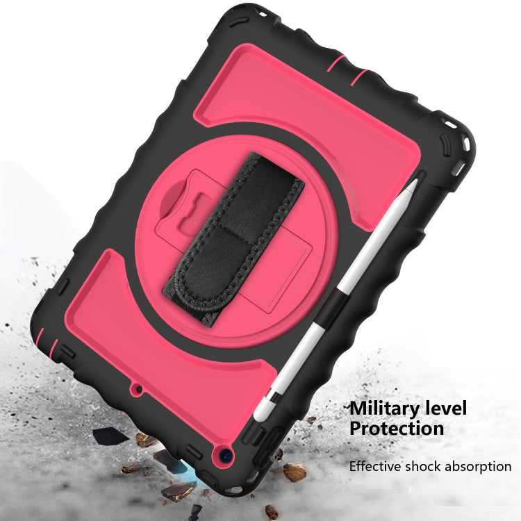 For iPad 10.2 360 Degree Rotating Case with Pencil Holder, Kickstand Shockproof Heavy Duty with Shoulder Strap,Hand Strap(Black+Hot Pink) by bashfashion