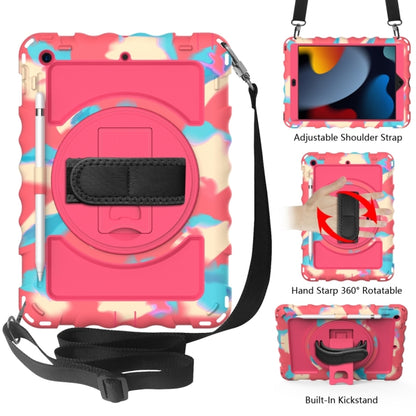 For iPad 10.2 360 Degree Rotating Case with Pencil Holder, Kickstand Shockproof Heavy Duty with Shoulder Strap,Hand Strap(Colorful+Hot Pink) by bashfashion