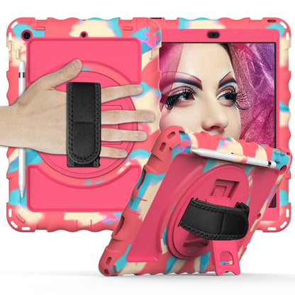 For iPad 10.2 360 Degree Rotating Case with Pencil Holder, Kickstand Shockproof Heavy Duty with Shoulder Strap,Hand Strap(Colorful+Hot Pink) by bashfashion