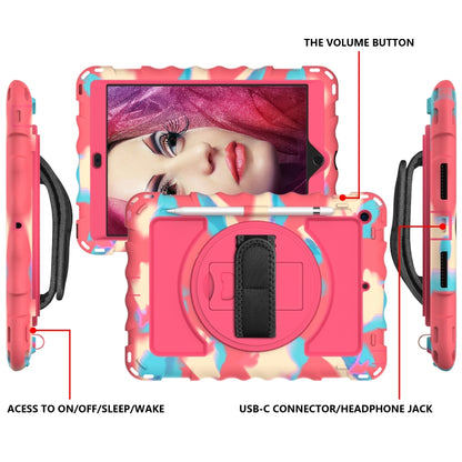 For iPad 10.2 360 Degree Rotating Case with Pencil Holder, Kickstand Shockproof Heavy Duty with Shoulder Strap,Hand Strap(Colorful+Hot Pink) by bashfashion