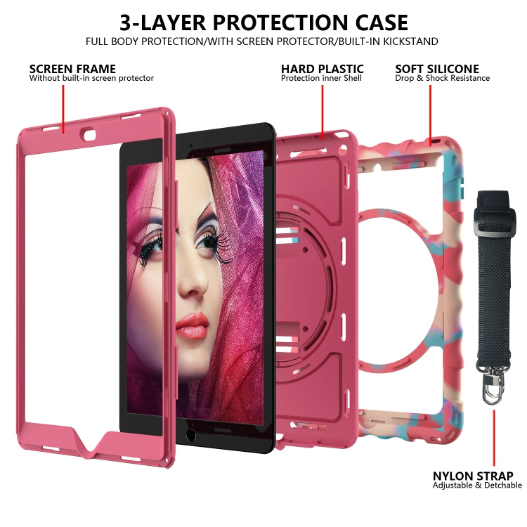 For iPad 10.2 360 Degree Rotating Case with Pencil Holder, Kickstand Shockproof Heavy Duty with Shoulder Strap,Hand Strap(Colorful+Hot Pink) by bashfashion