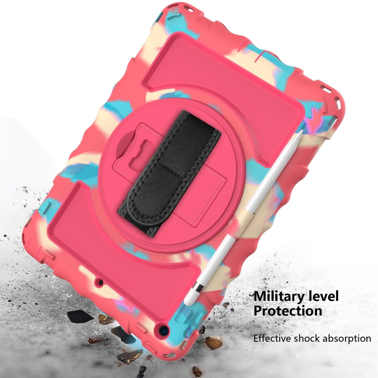For iPad 10.2 360 Degree Rotating Case with Pencil Holder, Kickstand Shockproof Heavy Duty with Shoulder Strap,Hand Strap(Colorful+Hot Pink) by bashfashion