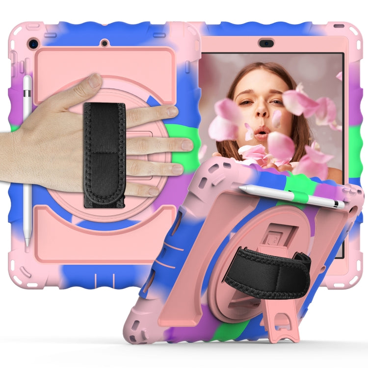 For iPad 10.2 360 Degree Rotating Case with Pencil Holder, Kickstand Shockproof Heavy Duty with Shoulder Strap,Hand Strap(Colorful+Rose Gold) by bashfashion