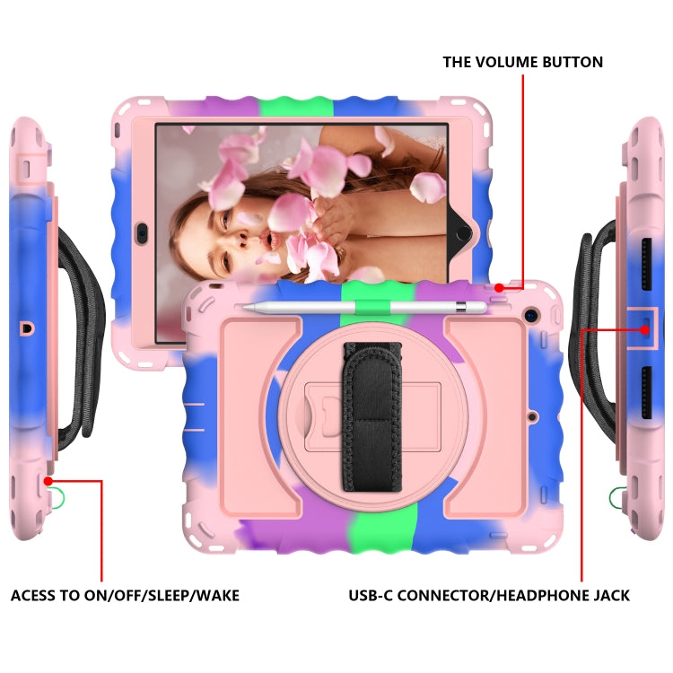 For iPad 10.2 360 Degree Rotating Case with Pencil Holder, Kickstand Shockproof Heavy Duty with Shoulder Strap,Hand Strap(Colorful+Rose Gold) by bashfashion