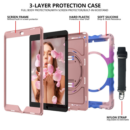 For iPad 10.2 360 Degree Rotating Case with Pencil Holder, Kickstand Shockproof Heavy Duty with Shoulder Strap,Hand Strap(Colorful+Rose Gold) by bashfashion
