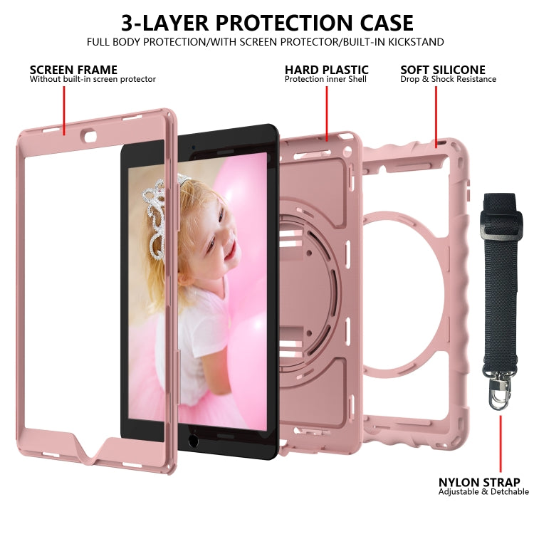 For iPad 10.2 360 Degree Rotating Case with Pencil Holder, Kickstand Shockproof Heavy Duty with Shoulder Strap,Hand Strap(Rose Gold) by bashfashion