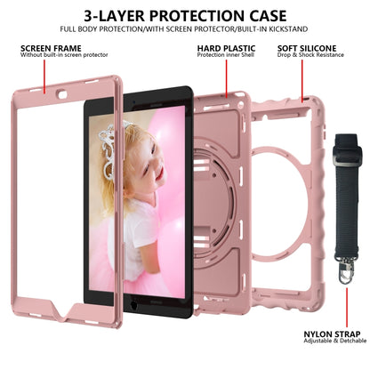 For iPad 10.2 360 Degree Rotating Case with Pencil Holder, Kickstand Shockproof Heavy Duty with Shoulder Strap,Hand Strap(Rose Gold) by bashfashion
