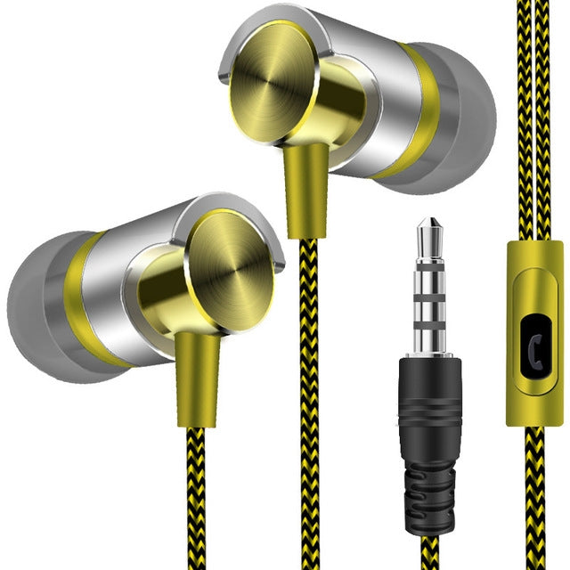 Metal Wired Earphone Super Bass Sound Headphones In-Ear Sport Headset with Mic for Xiaomi Samsung Huawei(YELLOW) by bashfashion