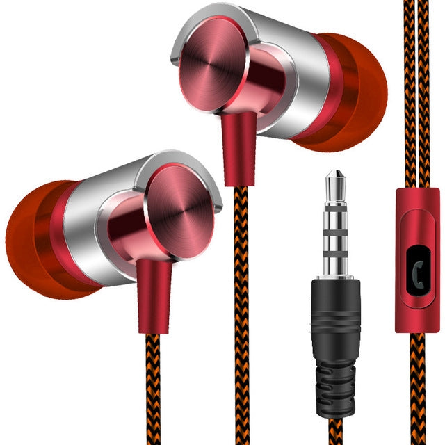 Metal Wired Earphone Super Bass Sound Headphones In-Ear Sport Headset with Mic for Xiaomi Samsung Huawei(Red) by bashfashion