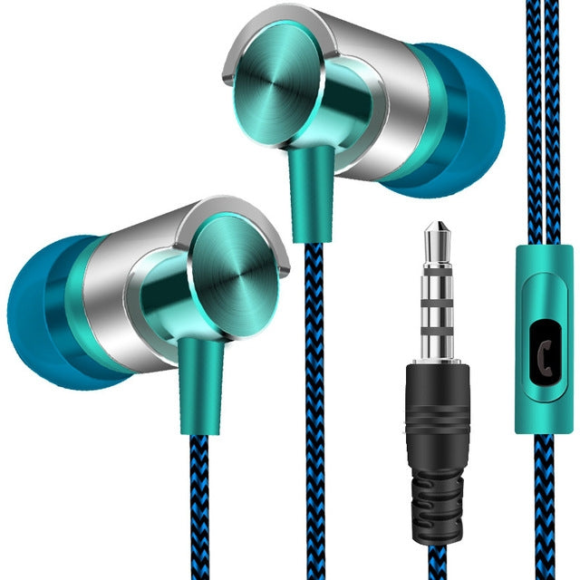 Metal Wired Earphone Super Bass Sound Headphones In-Ear Sport Headset with Mic for Xiaomi Samsung Huawei(Green) by bashfashion