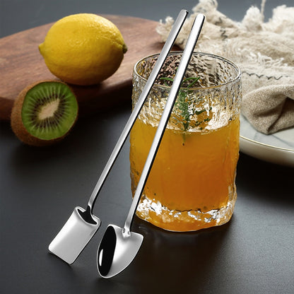 2 PCS Stainless Steel Spoon Creative Coffee Spoon Bar Ice Spoon Gold Plated Long Stirring Spoon, Style:Round Spoon, Color:Silver by bashfashion