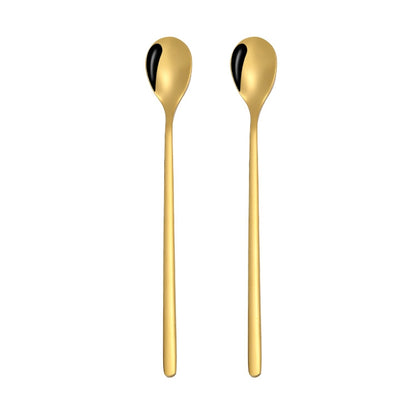 2 PCS Stainless Steel Spoon Creative Coffee Spoon Bar Ice Spoon Gold Plated Long Stirring Spoon, Style:Round Spoon, Color:Gold by bashfashion