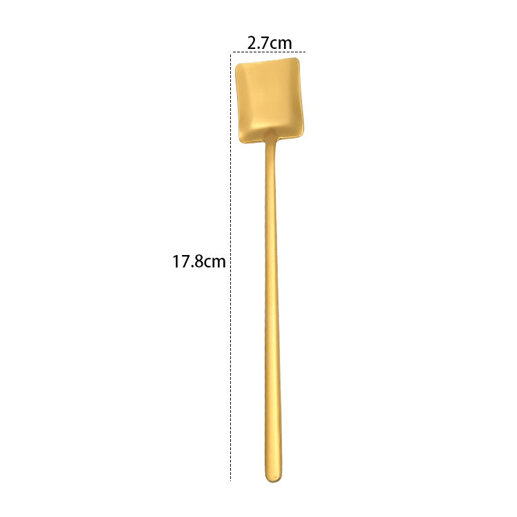 2 PCS Stainless Steel Spoon Creative Coffee Spoon Bar Ice Spoon Gold Plated Long Stirring Spoon, Style:Square Spoon, Color:Gold by bashfashion