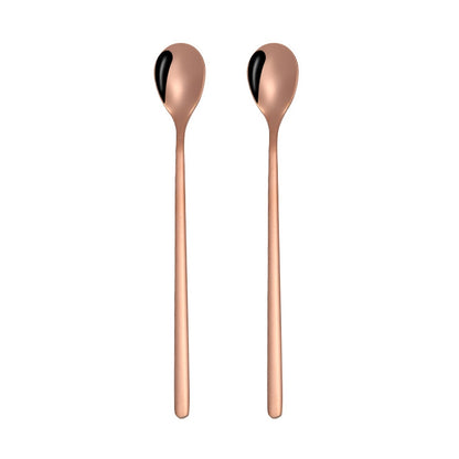 2 PCS Stainless Steel Spoon Creative Coffee Spoon Bar Ice Spoon Gold Plated Long Stirring Spoon, Style:Round Spoon, Color:Rose Gold by bashfashion