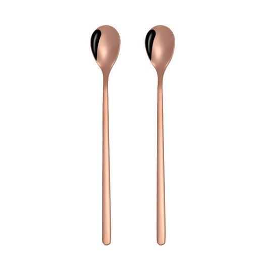 2 PCS Stainless Steel Spoon Creative Coffee Spoon Bar Ice Spoon Gold Plated Long Stirring Spoon, Style:Round Spoon, Color:Rose Gold by bashfashion