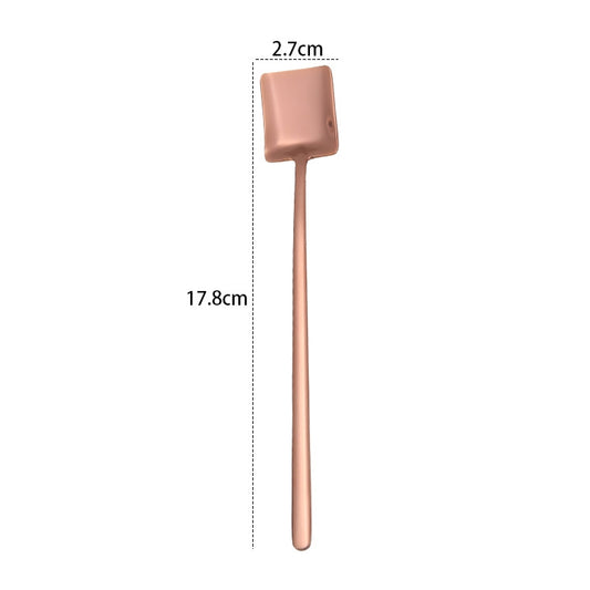 2 PCS Stainless Steel Spoon Creative Coffee Spoon Bar Ice Spoon Gold Plated Long Stirring Spoon, Style:Square Spoon, Color:Rose Gold by bashfashion