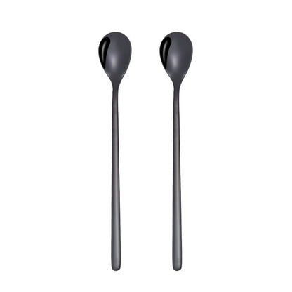 2 PCS Stainless Steel Spoon Creative Coffee Spoon Bar Ice Spoon Gold Plated Long Stirring Spoon, Style:Round Spoon, Color:Black by bashfashion