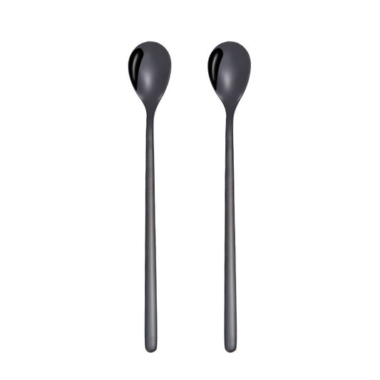 2 PCS Stainless Steel Spoon Creative Coffee Spoon Bar Ice Spoon Gold Plated Long Stirring Spoon, Style:Round Spoon, Color:Black by bashfashion