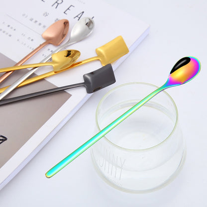 2 PCS Stainless Steel Spoon Creative Coffee Spoon Bar Ice Spoon Gold Plated Long Stirring Spoon, Style:Round Spoon, Color:Black by bashfashion