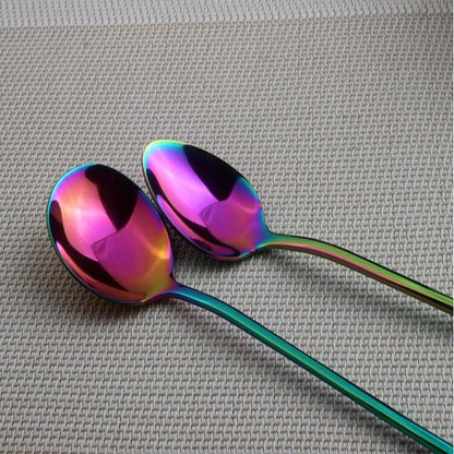2 PCS Stainless Steel Rainbow Long Handled Coffee Scoops Cold Drink Stirring Spoon for Dessert Cake, Style:Round Spoon(Colorful) by bashfashion