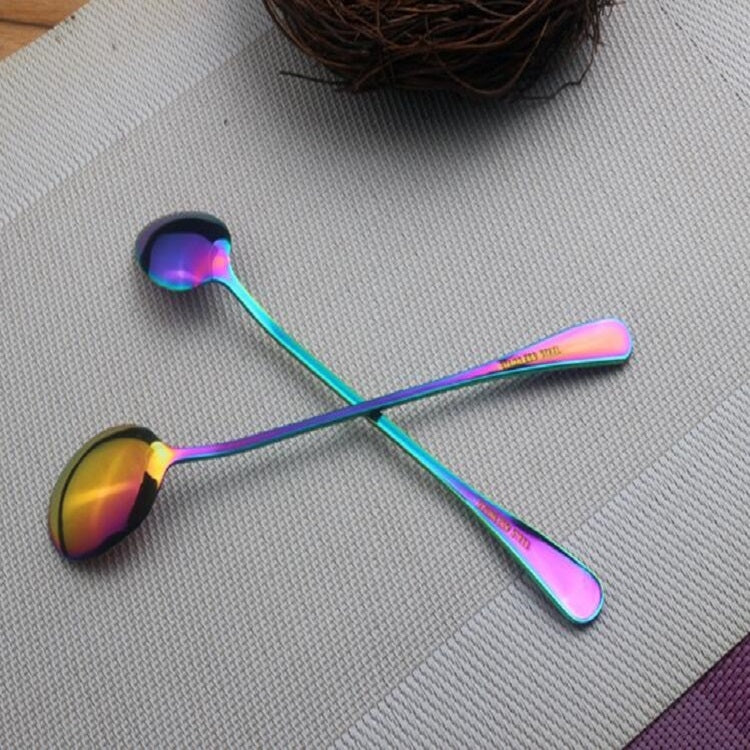 2 PCS Stainless Steel Rainbow Long Handled Coffee Scoops Cold Drink Stirring Spoon for Dessert Cake, Style:Sharp Spoon(Colorful) by bashfashion