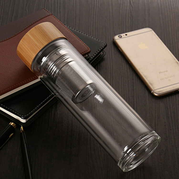 Glass Water Tea Bottles with Infuser Bamboo Lid Double Wall Brief Portable Outdoor Bottle 450ML by bashfashion