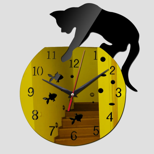 3D Acrylic Cat Mirror Wall Clock DIY Fashion Home Decoration(Black Gold) by bashfashion