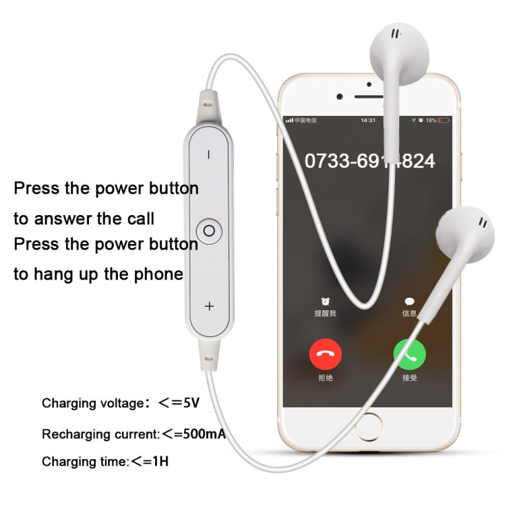 S6 Sport Wireless Bluetooth Earphone for iPhone / Xiaomi / Huawei, with Mic(WHITE) by bashfashion