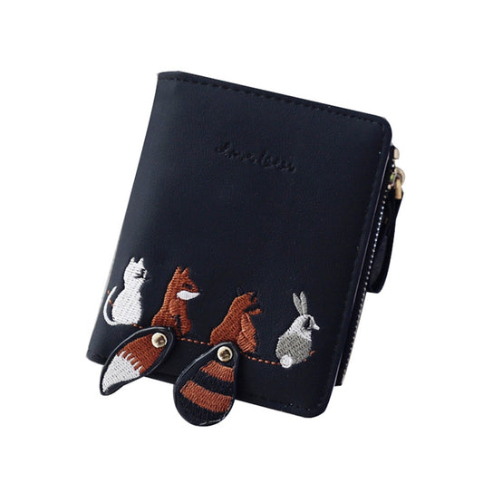 Wallet Female Short Student Korean Version of The Cute Little Fresh Folding Mini Tide Personality Coin Purse(Black) by bashfashion