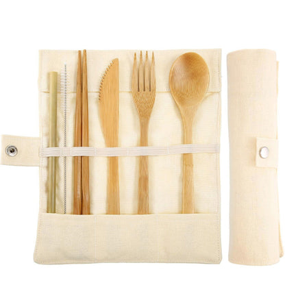 Travel Creative Bamboo Straw Dinnerware Knives Fork Spoon Chopsticks Set with Cloth Bag(Beige) by bashfashion