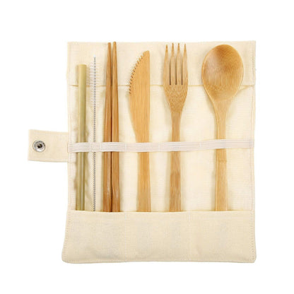 Travel Creative Bamboo Straw Dinnerware Knives Fork Spoon Chopsticks Set with Cloth Bag(Beige) by bashfashion