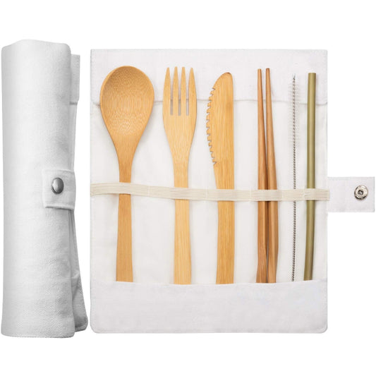 Travel Creative Bamboo Straw Dinnerware Knives Fork Spoon Chopsticks Set with Cloth Bag(White) by bashfashion