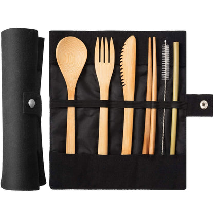 Travel Creative Bamboo Straw Dinnerware Knives Fork Spoon Chopsticks Set with Cloth Bag(Black) by bashfashion