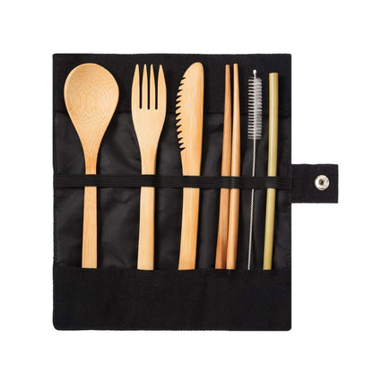 Travel Creative Bamboo Straw Dinnerware Knives Fork Spoon Chopsticks Set with Cloth Bag(Black) by bashfashion