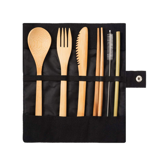 Travel Creative Bamboo Straw Dinnerware Knives Fork Spoon Chopsticks Set with Cloth Bag(Black) by bashfashion