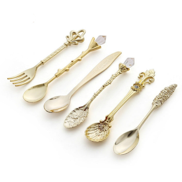 6pcs / Set Vintage Mini Coffee Spoons Suit Royal Style Metal Carved Coffee Fruit Cutler Dessert Flatware Kitchen Tools Gold by bashfashion