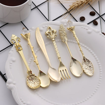 6pcs / Set Vintage Mini Coffee Spoons Suit Royal Style Metal Carved Coffee Fruit Cutler Dessert Flatware Kitchen Tools Gold by bashfashion