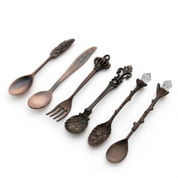 6pcs / Set Vintage Mini Coffee Spoons Suit Royal Style Metal Carved Coffee Fruit Cutler Dessert Flatware Kitchen Tools Red Bronze by bashfashion
