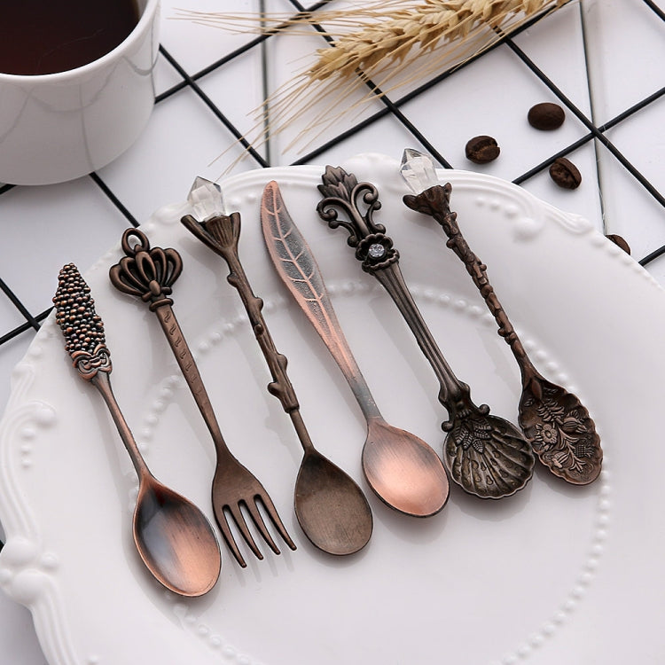 6pcs / Set Vintage Mini Coffee Spoons Suit Royal Style Metal Carved Coffee Fruit Cutler Dessert Flatware Kitchen Tools Red Bronze by bashfashion