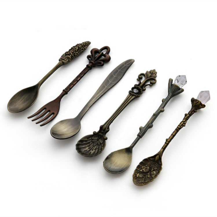 6pcs / Set Vintage Mini Coffee Spoons Suit Royal Style Metal Carved Coffee Fruit Cutler Dessert Flatware Kitchen Tools Antique Bronze（With Red Fork） by bashfashion