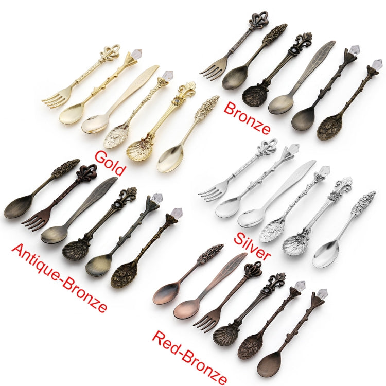 6pcs / Set Vintage Mini Coffee Spoons Suit Royal Style Metal Carved Coffee Fruit Cutler Dessert Flatware Kitchen Tools Antique Bronze（With Red Fork） by bashfashion